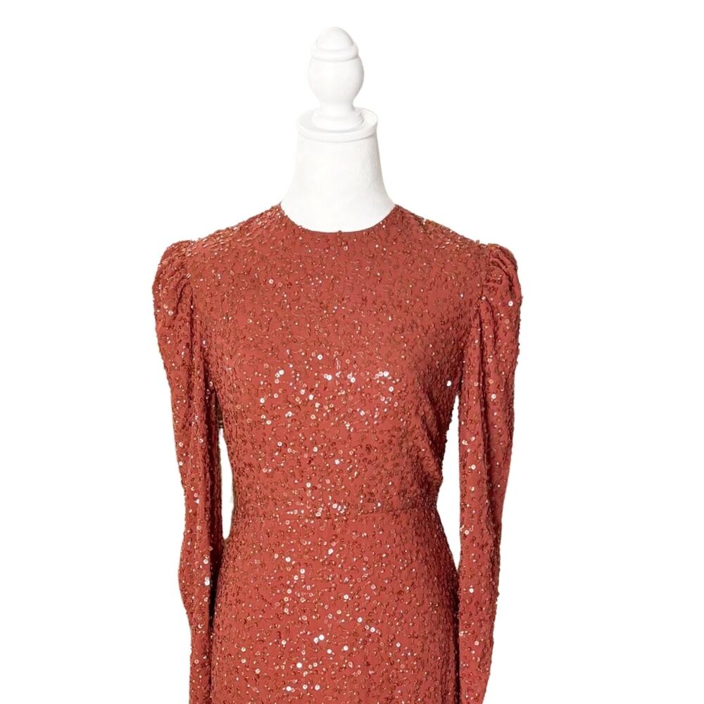 Mac Duggal Long Sleeve Sequin Midi Dress 2 Brick NWT Style 10865 - Picture 3 of 11